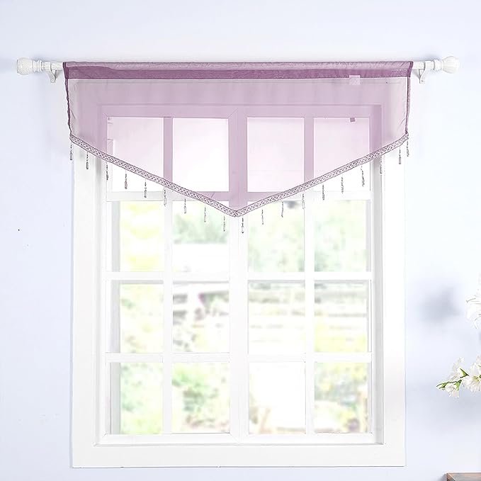 Molaxhome Swag Curtain 51 inch Length Rod Pocket Scalloped Curtain Valance Sheer Lace Panels with Hanging Crystal Beads for Kitchen Bedroom Window Treatments Drape Decor 1pc (Modena, 51Wx23L)
