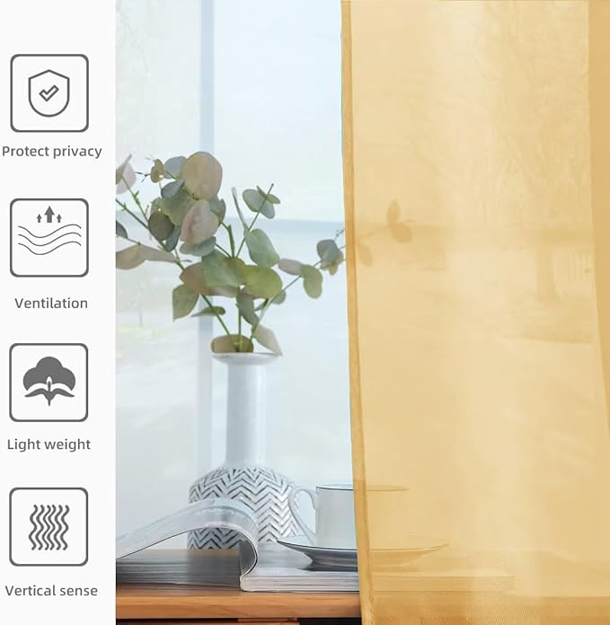 youleyar Solid Sheer Rod Pocket Curtain Voile Draperies 2 Panels White Beige Black Grey Ivory 52 Inch Width 108 Inch Long 1 Pair for Kitchen Bedroom Children Living Room Yard (Gold,52Wｘ108L)