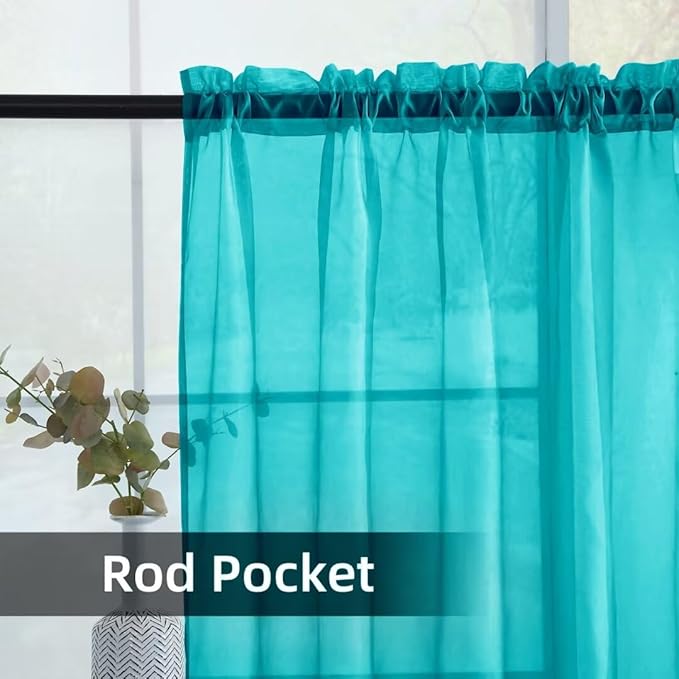 youleyar Solid Sheer Rod Pocket Curtain Voile Draperies 2 Panels White Beige Black Grey Coffee 52 Inch Width 45 Inch Long 1 Pair for Kitchen Bedroom Children Living Room Yard (Peacock Blue,52Wｘ45L)