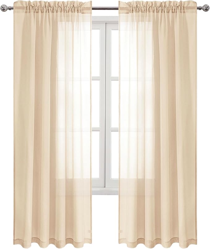 DWCN Beige Sheer Curtains Semi Transparent Voile Rod Pocket Curtains for Bedroom and Living Room, 52 x 84 inches Long, Set of 2 Panels