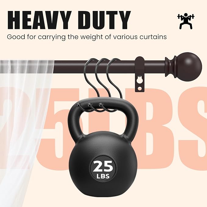 Curtain Rods for Windows 28 to 48 Inch, 5/8 Inch Heavy Duty Decorative Curtain Rod with Ball End Caps, Adjustable Brackets. Easy to install. Brown.
