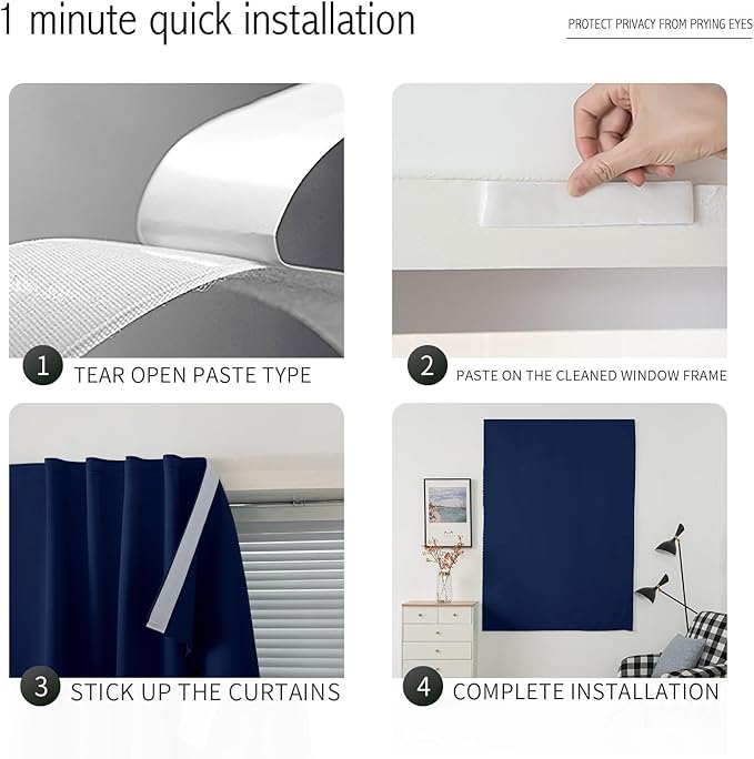 Self Adhesive Portable Blackout Curtains for Bedroom Easy to Install Window Thermal Lnsulated Kitchen Room Darkening Small Window Curtains, 59" W X 96" L, Navy Blue, 1 Panel