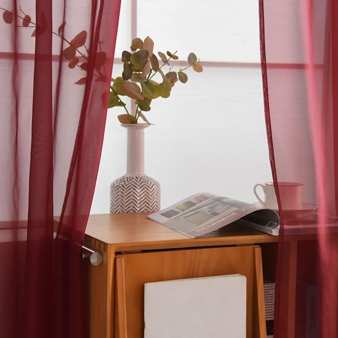 SpaceDresser Basic Rod Pocket Sheer Voile Window Curtain Panels Burgundy 1 Pair 2 Panels 52 Width 96 Inch Long for Kitchen Bedroom Children Living Room Yard(Burgundy,52 W x 96 L)