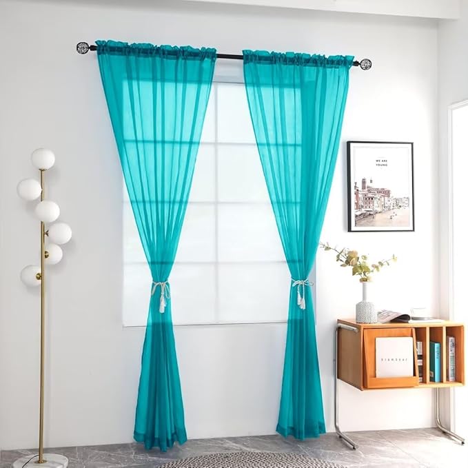 youleyar Solid Sheer Rod Pocket Curtain Voile Draperies 2 Panels White Beige Black Grey Coffee 52 Inch Width 45 Inch Long 1 Pair for Kitchen Bedroom Children Living Room Yard (Peacock Blue,52Wｘ45L)