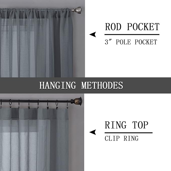 Tollpiz Sheer Curtains Living Room Linen Textured Curtain Sheers Light Filtering Voile Rod Pocket Curtains for Bedroom, 38 x 63 inches Long, Dark Grey, Set of 2 Panels