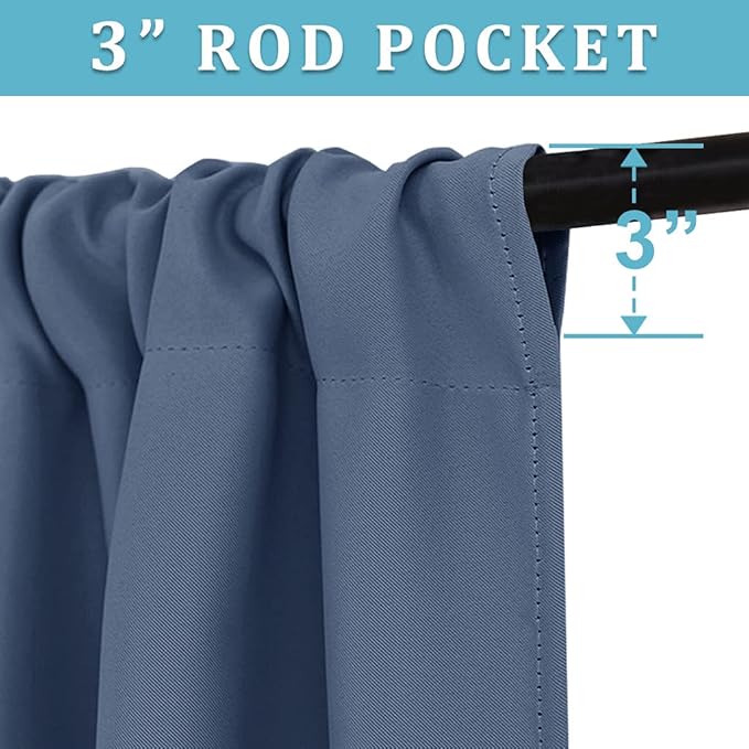 RYB HOME Blackout Curtains for Bedroom Living Room 63 inches Long, Thermal Insulated Privacy Rod Pocket Drapes for Nursery Office Home Theater, Width 34 by Length 63, Stone Blue, 2 Panels