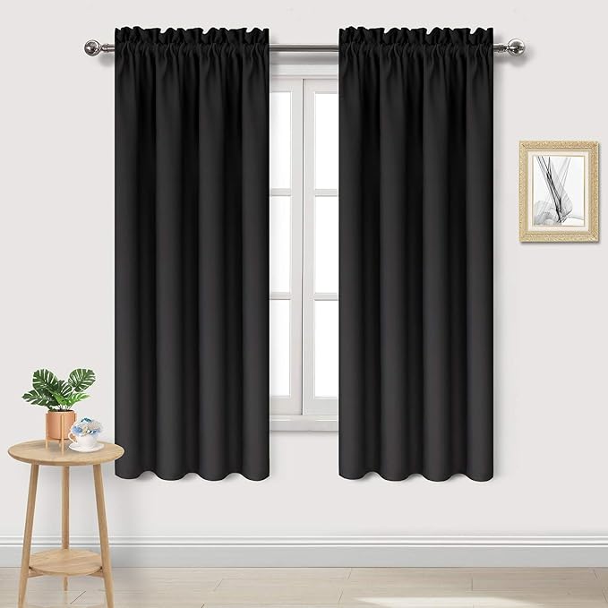DWCN Blackout Curtains for Bedroom - Thermal Insulated Privacy Energy Saving Rod Pocket Drapes for Living Room, W 38 x L 63 Inch, Black, Set of 2