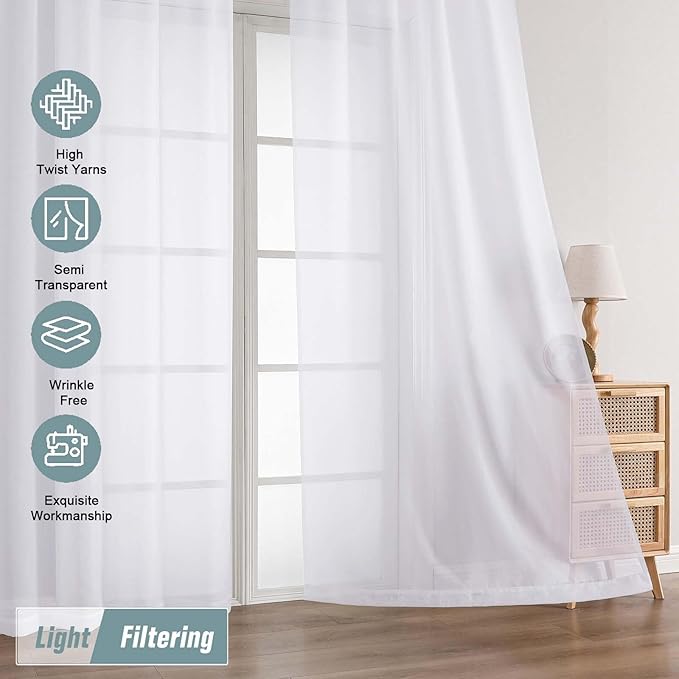 White Sheer Curtains for Windows 108 inches Long 2 Panels Set, Soft Lightweight Light Filtering Drapes for Living Room Bedroom, Dual Rod Pocket Sheer Curtains, 2x42Wx108L inches