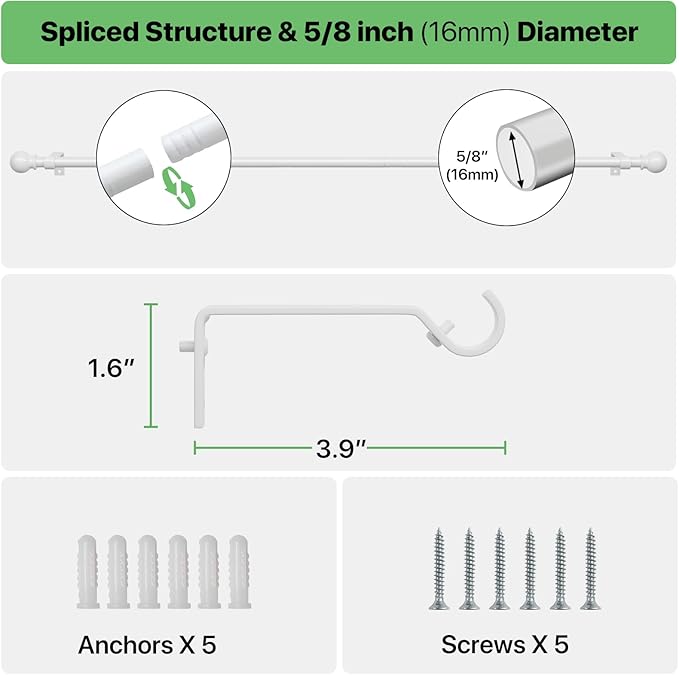 Curtain Rods for Windows 48 to 84, 2 Pack White Curtain Rod with Brackets Easy Install, Decorative Adjustable 5/8 inch Heavy Duty Curtain Rod for Living Room, Bedroom, Set of 2