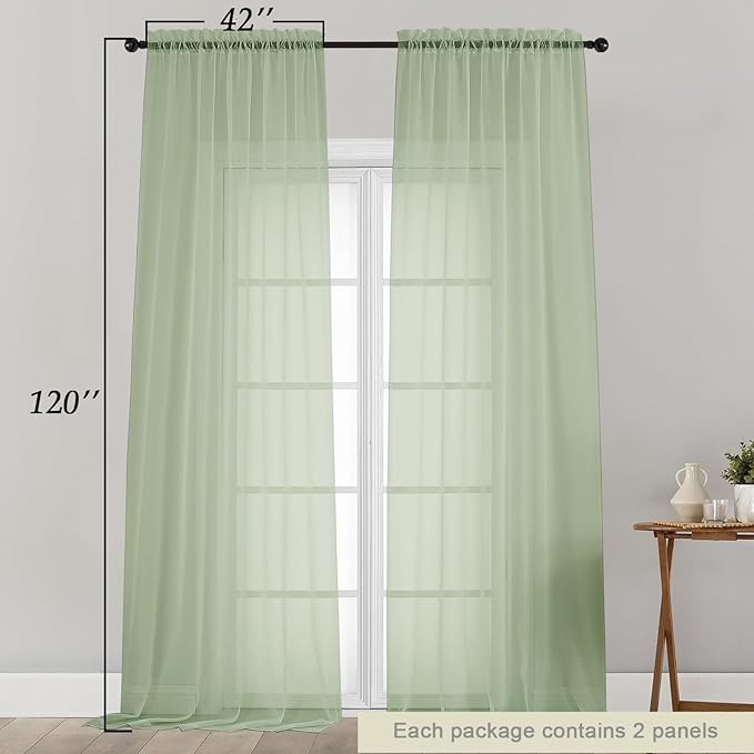 Extra Long Sheer Light Green Curtains for Bedroom Living Room 120 Inches Long 2 Panels Set, Solid Soft Light Filtering Rod Pocket Sheer Window Curtains, Light Green, Each 42" Wx120 L Inch
