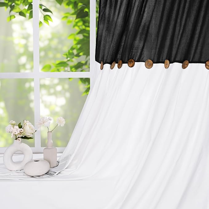 FRAMICS Farmhouse Cotton Linen Curtains, Boho Button Panels, 52"W x 63"L, Black, 2 Panels