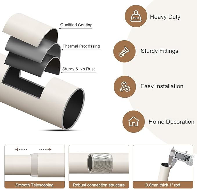 Lootkell Modern White Curtain Rods for Windows 72 to 144 Inches Adjustable Length Heavy Duty 1" Diameter Window Curtain Rod with Decorative Finials for Outdoor Farmhouse Bedroom Kitchen Living Room