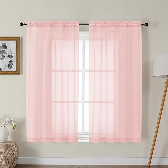 Gwine Blush Pink Sheer Curtains for Bedroom 54 inches Long 2 Panels, Light Filtering Voile Rod Pocket Curtains, Airy Transparent Sheer Drapes for Living Room, Each 42" Wx54 L