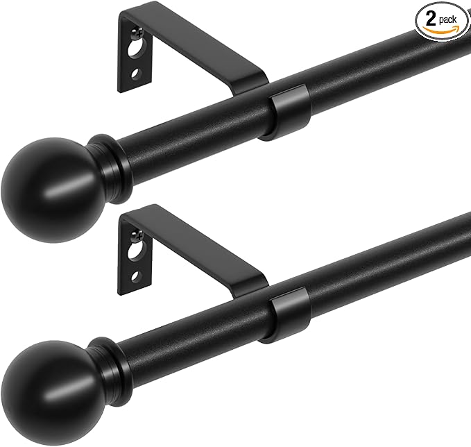 2 Pack Black Metal Curtain Rods, 28-60 inch, Heavy Duty, Adjustable, Wall Mounted, Set of 2