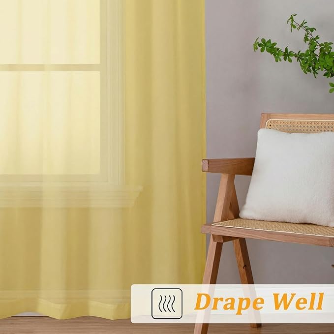 Gwine Short Kitchen Sheer Curtains 30 Inch Length - Light Filtering Voile Small Half Window Curtain for Basement, Rod Pocket Cafe Curtains for Bathroom Cabinet, 42Wx30L Inch, 2 Panels, Yellow
