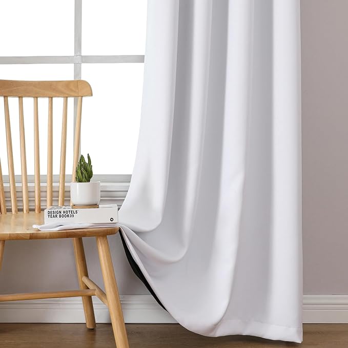 ChrisDowa White 100% Blackout Curtains for Bedroom with Black Liner, 2 Thick Layers Total Blackout Thermal Insulated Grommet Window Curtains 2 Panels Set (Pure White, 52 x 63 Inch)