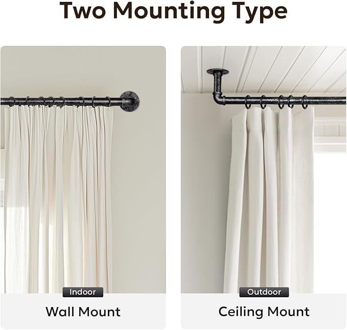 Zeerobee Curtain Rods for Windows 48 to 84, 1 Inch Industrial Wrap Around Vintage Black Curtain Rod, Indoor/Outdoor Room Divider Adjustable Drapery Pole, 48"-86"