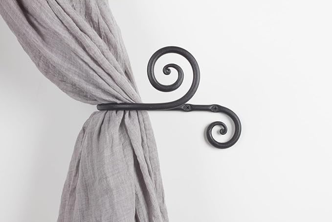 RTZEN Decorative Metal Curtain Tiebacks - Farmhouse Wrought Iron Curtain Holdbacks - Drapery Holders for Wall - Unique Metal Tie Backs for Curtains - 2 Pcs (Black Swirly)