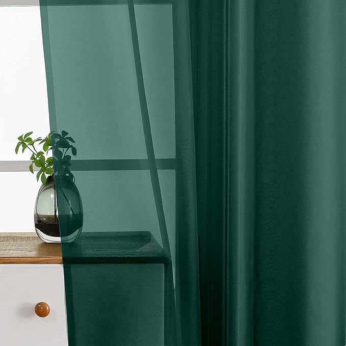 Green Valances for Windows 14 inch Length 2 Panels, Small Voile Sheer Curtains for Bathroom, Soft Fabric Light Filtering Kitchen Curtains, Dual Rod Pocket, Hunter Green, 2x42Wx14L Inches