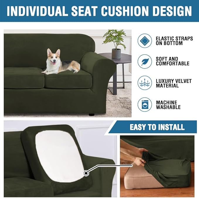 H.VERSAILTEX High Stretch Sofa Slipcover 4 Piece Cover Velvet Furniture Protector Form Fit Thick Velvet Extra Large Sofa Cover for 3 Cushion Couch Width Up to 97 Inch (Large Sofa, Olive)