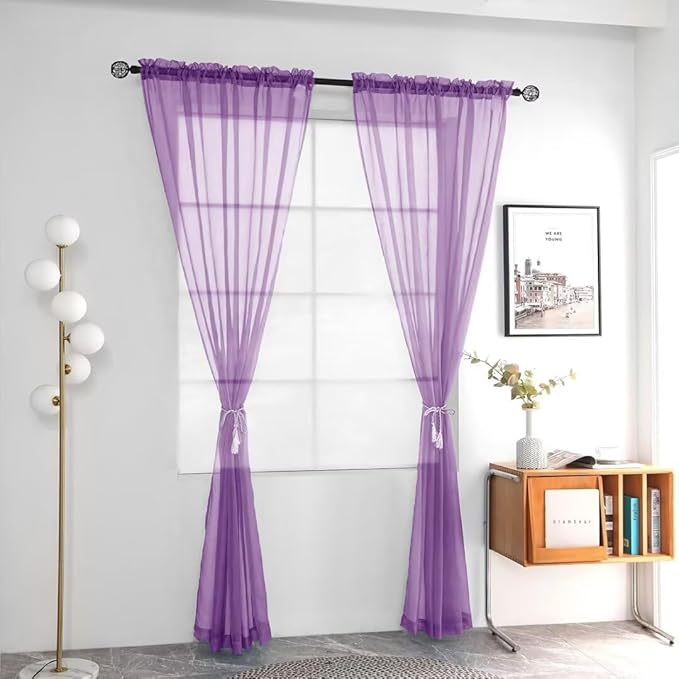 youleyar Solid Sheer Rod Pocket Curtain Voile Draperies 2 Panels White Beige Black Grey Coffee 52 Inch Width 96 Inch Long 1 Pair for Kitchen Bedroom Children Living Room Yard (Lavender,52Wｘ96L)