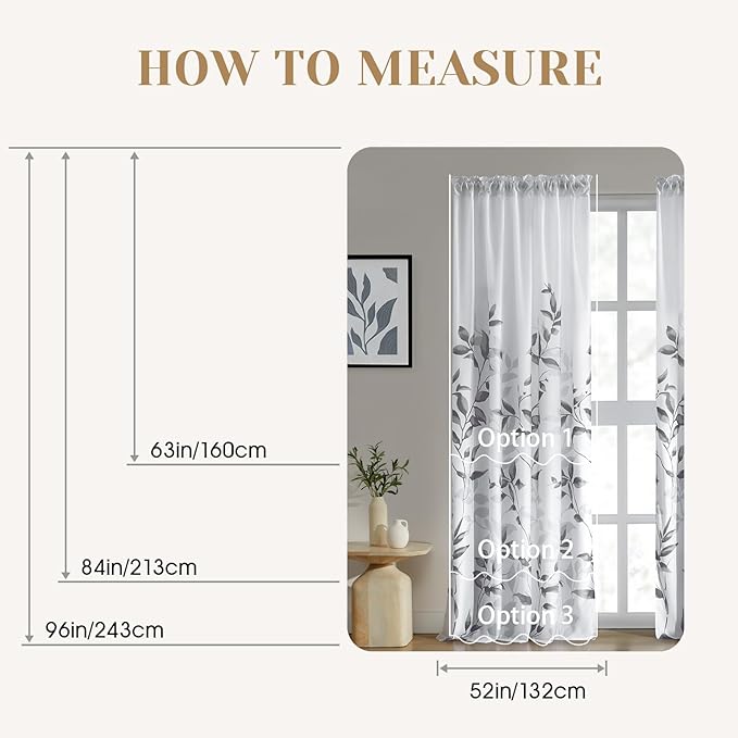 HOMEIDEAS Grey and White Semi Sheer Curtains, 84 Inches Long Light Filtering Drapes, Gray Leaf Printed Privacy Sheer Curtains for Bedroom Living Room, 2 Panels