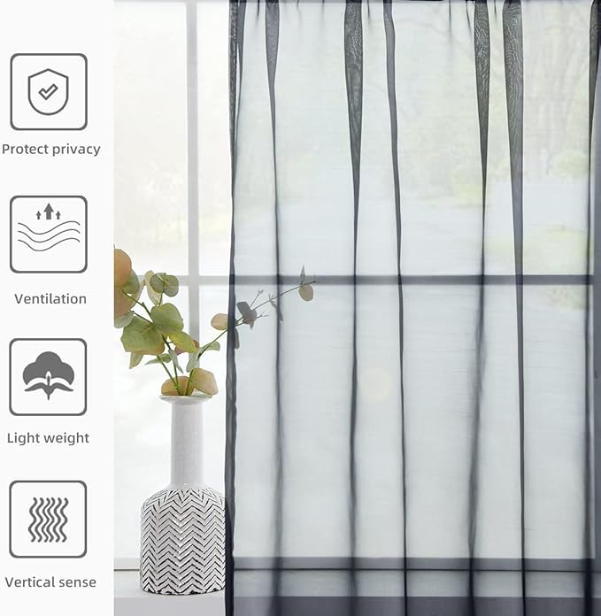 youleyar Solid Sheer Rod Pocket Curtain Voile Draperies 2 Panels White Beige Black Grey Coffee 52 Inch Width 45 Inch Long 1 Pair for Kitchen Bedroom Children Living Room Yard(Charcoal Grey,52Wｘ45L)