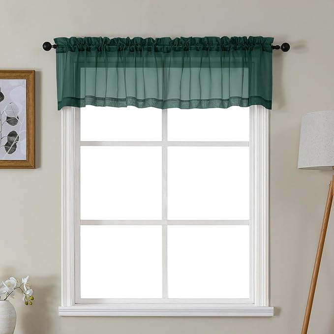 Gwine Hunter Green Valances for Windows, Small Light Filtering Rod Pocket Cafe Valance Curtains, Soft Sheer Curtain for Bathroom Laundry Basement, 42Wx14L inch, 2 Pieces