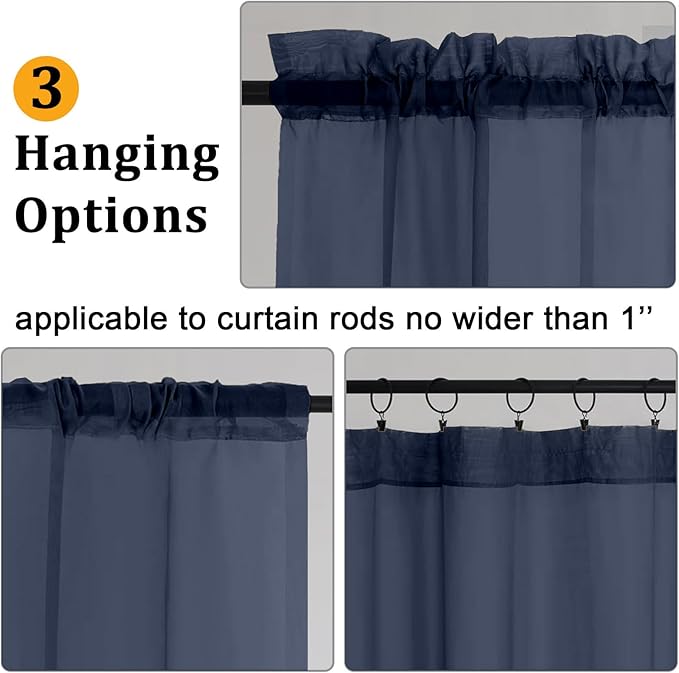 Gwine Navy Blue Sheer Curtains 30 Inch Length, Short Light Filtering Voile Small Cafe Kitchen Curtains with Rod Pocket, Short Curtain for Bathroom Window, 42x30 Inch, 2PCS