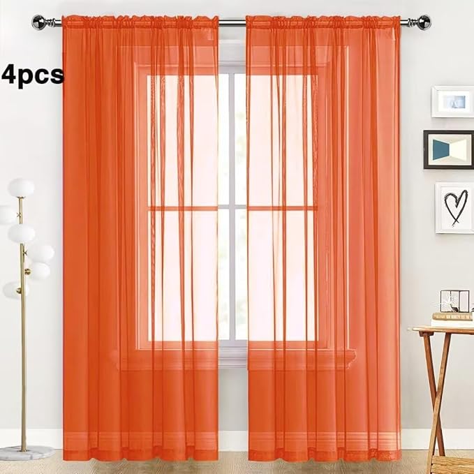 SpaceDresser Burnt Orange Sheer Curtains 4 Panels Rod Pocket Semi-Sheer Curtain 63 Inches Long Light Filtering Voile Window Drapes for Bedroom Living Room Kitchen, Each 52W x 63L