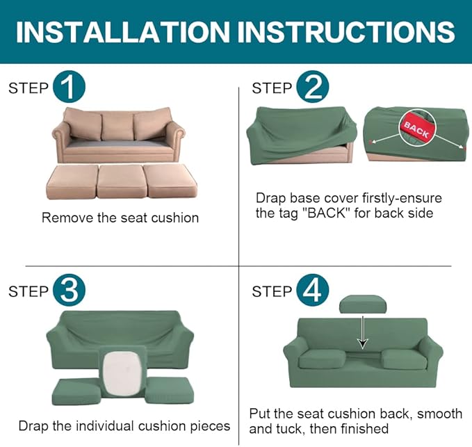 Turquoize 4 Piece Sofa Covers for 3 Cushion Couch Sofa Slipcover Soft Couch Cover for Dogs-Washable Sofa Furniture Covers with 3 Individual Large Cushion Covers, Feature Fabric (XL Sofa, Loden Frost)