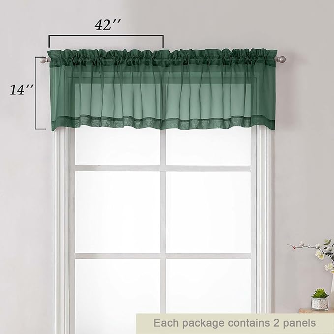 Hunter Green Valances for Windows, Sheer Curtains 14 Inch Length 2 Pack Kitchen Curtain, Modern Solid Mini Small Window Curtains for Cafe Bathroom Basement, Hunter Green, Each 42"Wx14"L Inch