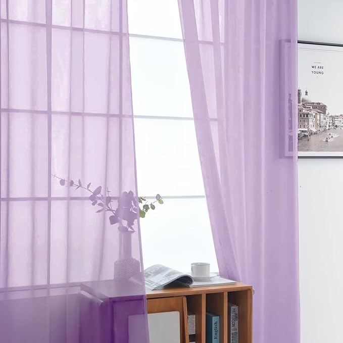 SpaceDresser Lavender Sheer Curtains 4 Panels Rod Pocket Semi-Sheer Curtain 45 Inches Long Light Filtering Voile Window Drapes for Bedroom Living Room Kitchen, Each 52W x 45L