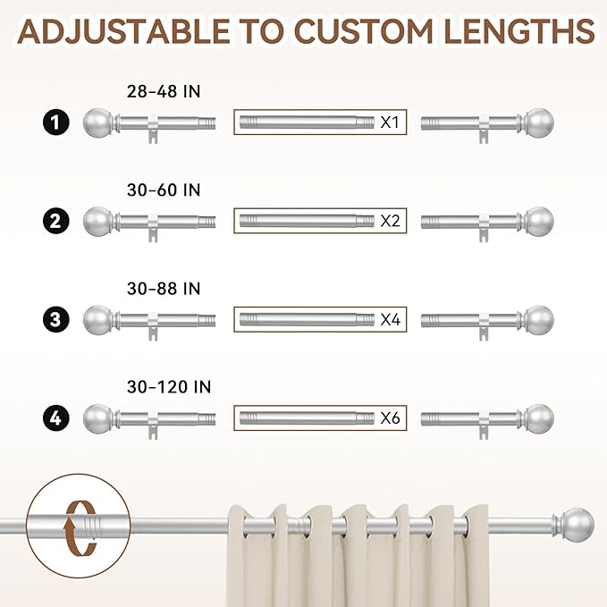 Silver Curtain Rod for Windows 66 to 120 Inch, 5/8 Inch Diameter Adjustable Curtain Rods With Brackets, Heavy Duty Easy to Install, Suitable for Bedrooms and Outdoor