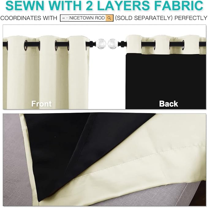 NICETOWN Bedroom Full Blackout Curtain Panels, Super Thick Insulated Grommet Drapes, Double-Layer Blackout Draperies with Black Liner for Small Window (Beige, Set of 2, 42 by 63-inch)