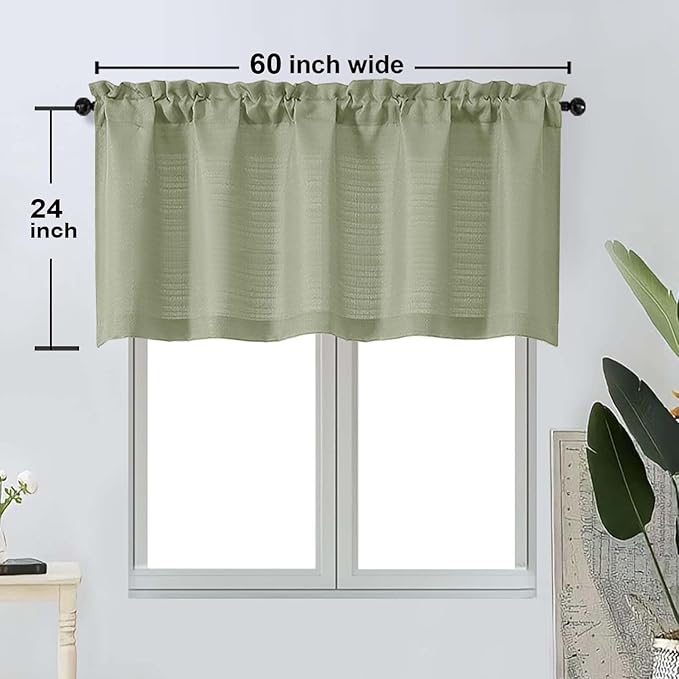 OWENIE Bob 1 PCS Green Valances for Windows, Faux Linen Textured Kitchen Window Curtains Valance for Bedroom Living Room, Modern Soft Airy Solid Rod Pocket Bathroom Cafe Curtain, 60Wx24L Inch
