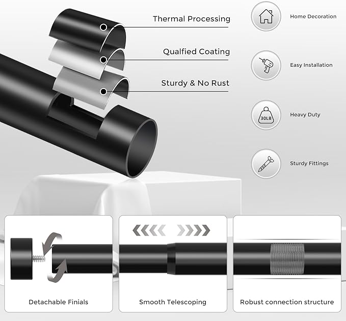 Black Curtain Rods for Windows 170 to 240 Inch(3-20 Feet),extra long drapery rod for large window,1" Diameter Rods with Modern Style End Cap Finials,Size:36-240 Inch