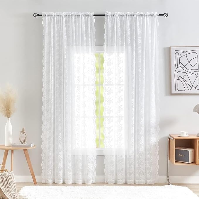 YJ YANJUN Vintage Lace Curtains 102 Inches Long-Victorian Floral Pattern Boho White Sheer Curtain Panels for Living Room Bedroom,Light Filtering, Country Cottage Core Drapes 2 Panels 52W x 102L