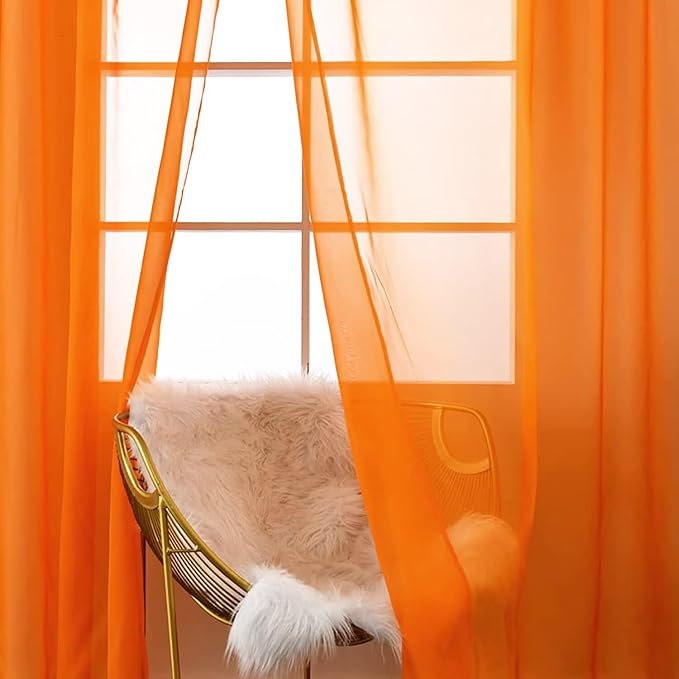 SpaceDresser Orange Sheer Curtains 4 Panels Rod Pocket Semi-Sheer Curtain 96 Inches Long Light Filtering Voile Window Drapes for Bedroom Living Room Kitchen, Each 52W x 96L