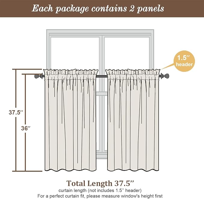 Chyhomenyc Taupe Sheer Curtains 36 inch Length 2 Panels, Light Filtering Voile Rod Pocket Short Window Curtians for Bathroom Living Room Farmhouse Small Windows, 42Wx36L inches
