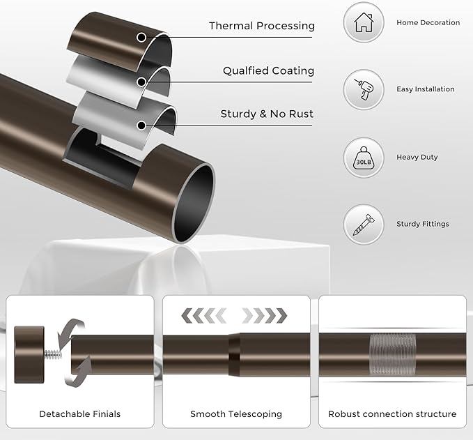 Bronze Curtain Rods for Windows 36 to 240 Inch(3-20 Feet),1" Diameter Rods with Modern Style End Cap Finials,Size:36-240 Inch