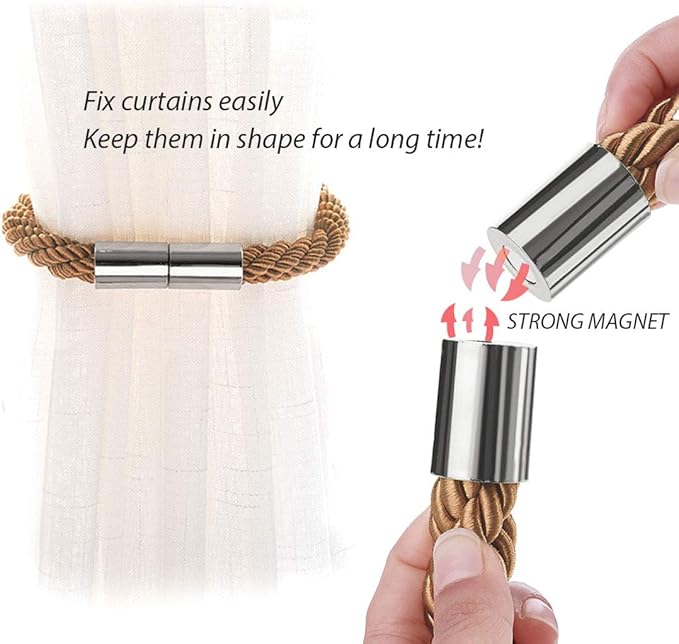 NICEEC 4 Pack Strong Magnetic Curtain Tiebacks Modern Simple Style Drape Tie Backs Convenient Decorative Weave Rope Curtain Holdbacks for Thin or Thick Home & Office Window Draperies (Light Coffee)