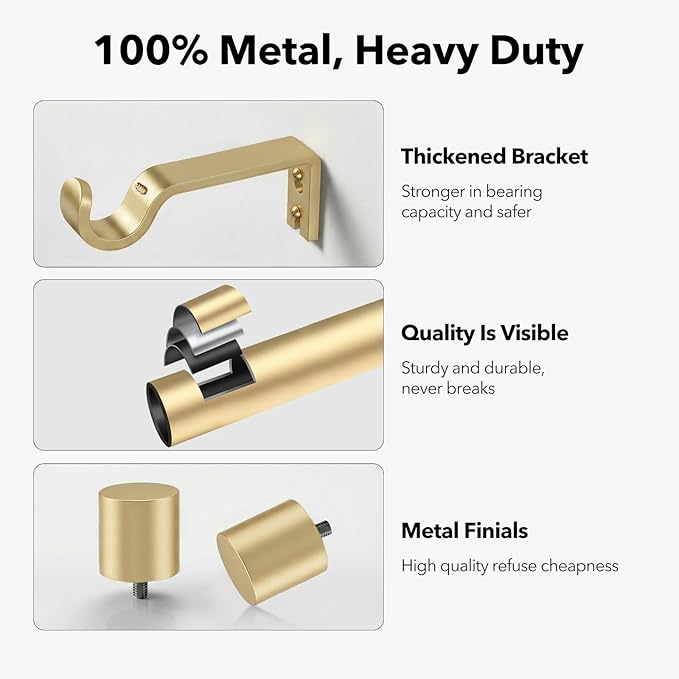 IFELS 2 Pack Heavy Duty Curtain Rods for Windows 28 to 48 Inch, 1 Inch Gold Curtain Rods Set of 2 Pack for Outdoor, Farmhouse, Bedroom, Adjustable Easy Install Drapery Rod (A2,Gold,30"-60"-2Pack)