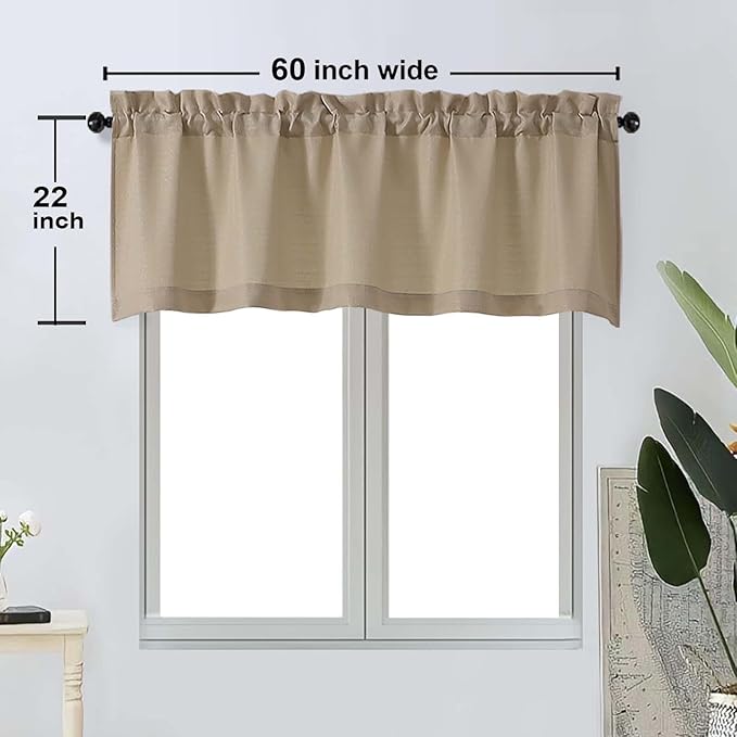 OWENIE Bob 1 PCS Camel Valances for Windows, Faux Linen Textured Kitchen Window Curtains Valance for Bedroom Living Room, Modern Soft Airy Solid Rod Pocket Bathroom Cafe Curtain, 60Wx22L Inch