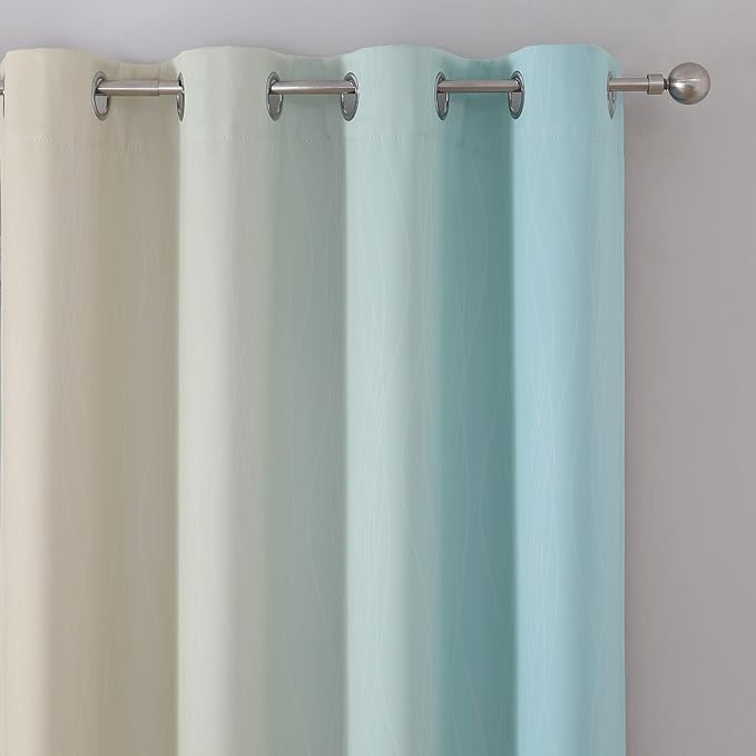 Estelar Textiler Aqua and Beige Gradient Blackout Curtains for Boys Room, Ombre Thermal Insulated Noise Reducing Blackout Drapes for Playroom, Full Room Darkening Grommet Curtains, 52Wx63L, 2 Panels