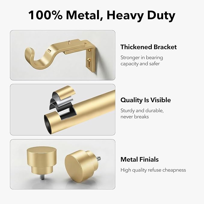IFELS Heavy Duty Curtain Rods for Windows 48 to 84 Inch, 1 Inch Adjustable Gold Curtain Rod with Easy Installation and Modern Design (A1,Gold,30-90")
