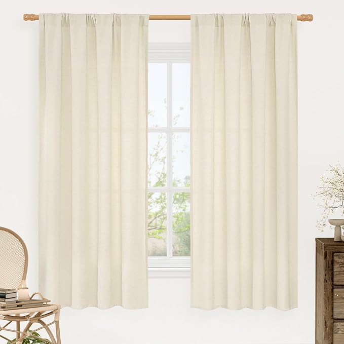 LAMIT 54 Inch Short Window Linen Curtains, Light Beige Soft Thick Light Filtering Panels Rod Pocket Neutral Privacy Faux Linen Drapes for Bedroom/Bathroom/Loft Room, 2 Panels, 42 x 54 Inch