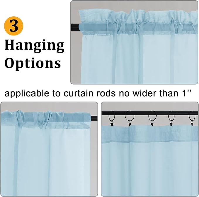 Gwine Sky Blue Sheer Curtains 30 Inch Length, Short Light Filtering Voile Small Cafe Kitchen Curtains with Rod Pocket, Short Curtain for Bathroom Window, 42x30 Inch, 2PCS