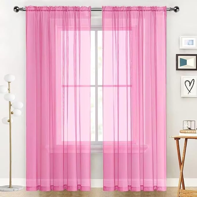 SpaceDresser Basic Rod Pocket Sheer Voile Window Curtain Panels Pink 1 Pair 2 Panels 52 Width 54 Inch Long for Kitchen Bedroom Children Living Room Yard（Pink, 52W x 54L）