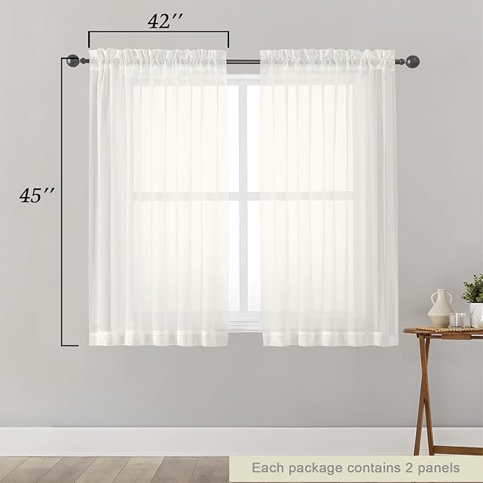 Ivory Sheer Curtains for Bedroom Living Room 45 Inch Length 2 Panels, Soft Airy Light Filtering Small Kitchen Window Curtains, Rod Pocket Short Curtain Drapes, Ivory, 42" Wx45 L Inches